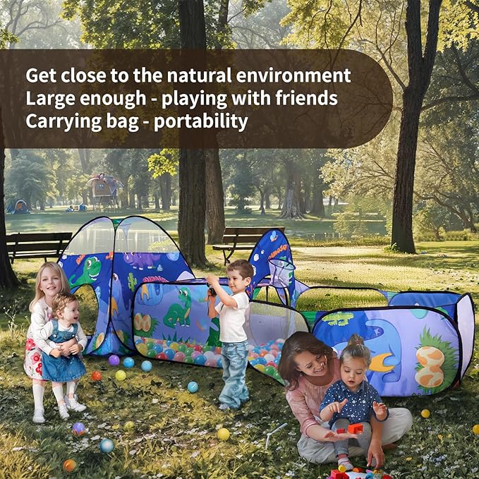 TTLOJ 3PC Dinosaur Kids Play Tent with Ball Pit, Crawl Tunnel, Toddlers Playhouse Castle Toys, Baby Boys Girls Gift for 3 4 5 6 7 Years Old, Outdoor Indoor, Lightweight (Balls Not Included)