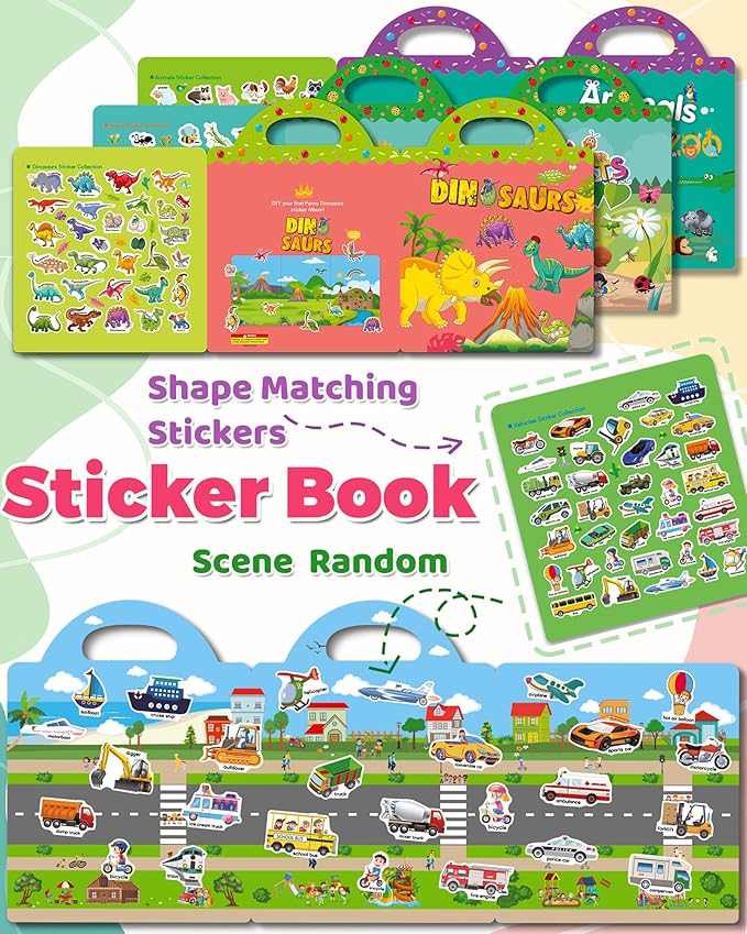 4 Pack Reusable Sticker Book for Toddlers, Toddler Sticker Book for Kids, Toddler Activities Crafts Preschool Learning Travel Birthday Gifts for Boys Girls