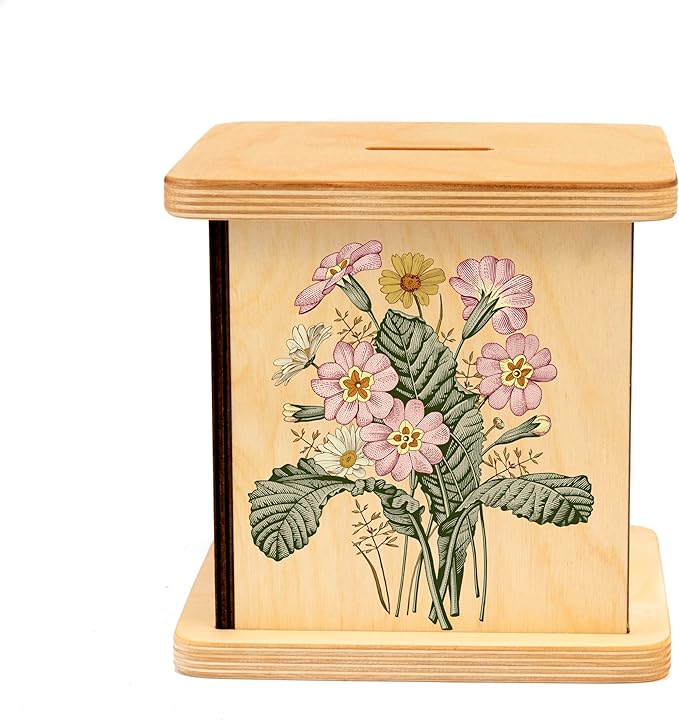 Wooden Piggy Bank for Kids and Adults, Personalized Gift Handmade in USA by BloomOwl, Custom Piggy Bank, Personalized Banks for Kids, Gifts for Baby Boys and Girls (Floral- Vintage)