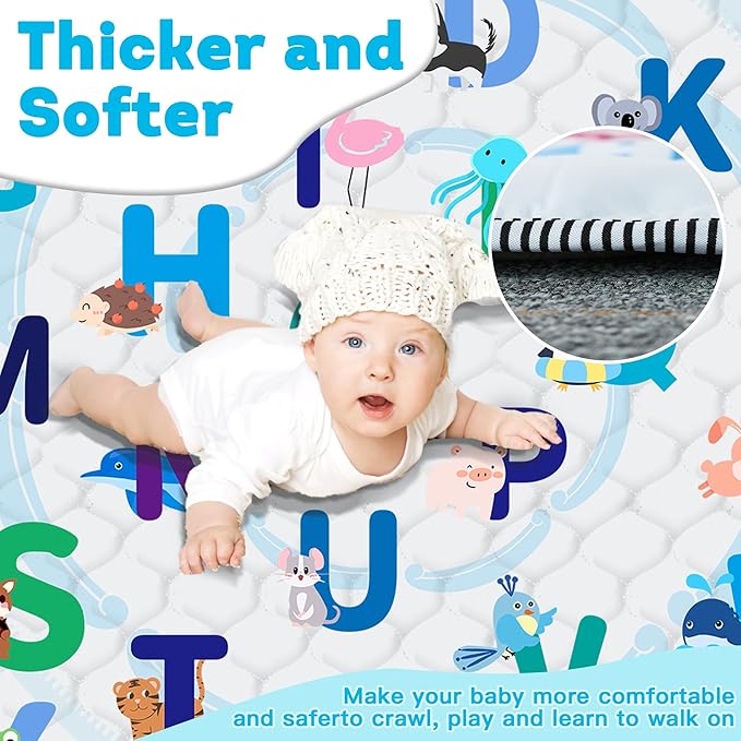 Baby Play Mat，Thick Soft 50" X 50" Playpen mat, Non-Slip and Machine Washable Baby Play Mats for Floor，Crawling Mat for Babies, Toddlers & Infants to Play and Learn (Animal Alphabet)