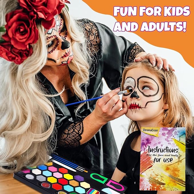 Face Painting Kit for Kids 24 Colors Water-Based Non-Toxic Face Paint Palette With Brushes&Stencils, Hair Chalk, Gems, Glitters, Crayon, Halloween Makeup Kit for Parties, Cosplay, Face Body Art