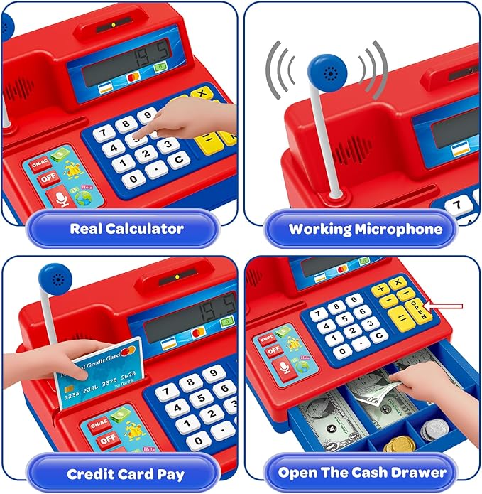 Calculator Cash Register - 103 Pcs Toy Cash Register, Microphone, Credit Card and Banking for Kids, Early Math Skills Toys Gifts for 3, 4, 5, 6 7 8+ Years Old Boys Girls