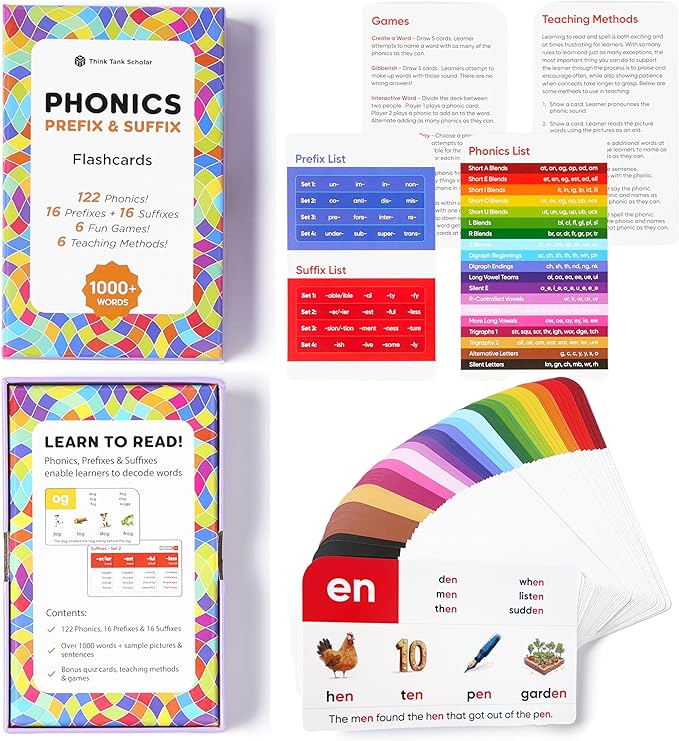 Think Tank Scholar 1000+ Words Phonics Flash Cards + Prefixes & Suffixes (Award Winning) 122 Phonics, 6 Teaching Methods & 6 Fun Games – Preschool, Kindergarten 1st, 2nd, 3rd Grade Homeschool Ages 4-8