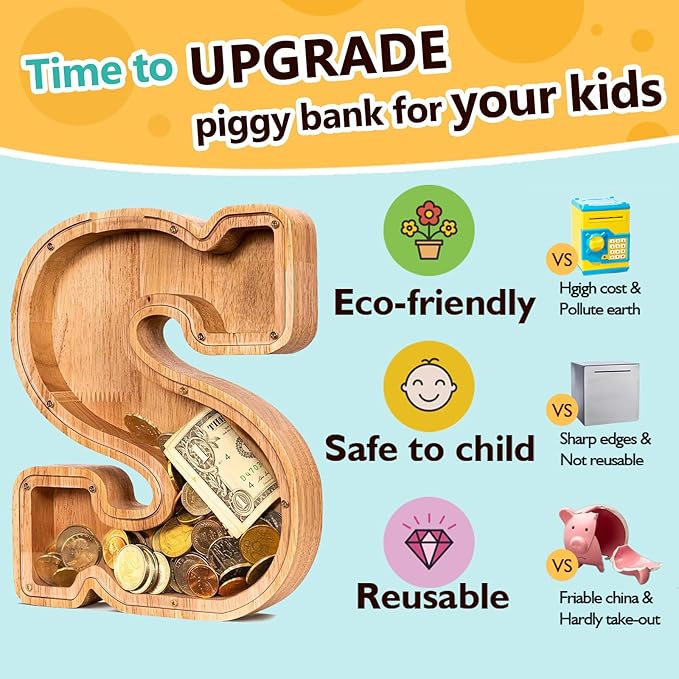 SummiDate Wooden Letter Piggy Bank| Piggy Bank for Boys Girls Toddler| Alphabet S Money Bank| Coin Bank Birthday Gift for Kids|Birthday Gift for Kids (S)