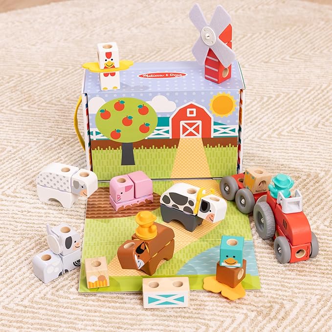 Melissa & Doug Blockables™ Farm and Farm Friends 2-Pack Bundle Connectable Wooden Building Blocks Preschool Play Set Toy