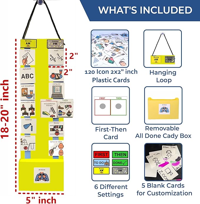 Two Strip Night & Day Daily Schedule Great Visual Behavioral Tool for Structure at Home, School & in The Community. (Yellow Magnetic -2 Strips, 133 Icon Plastic Cards)