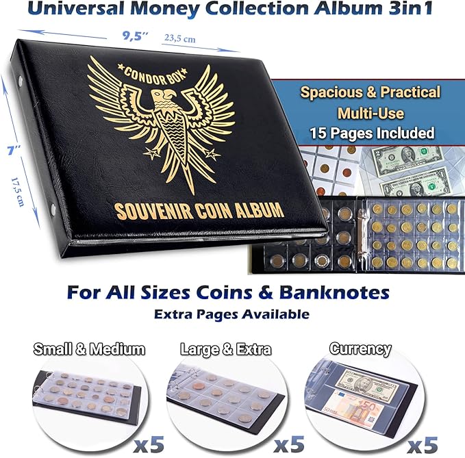 3in1 Coin Holder Album 180 Pockets - Paper Money Collection 10 Pockets - Large Storage Book for Collectors and Great for Gold Silver Dollars Dollar Bill Currency Quarters Penny Foreign Coins (Black)