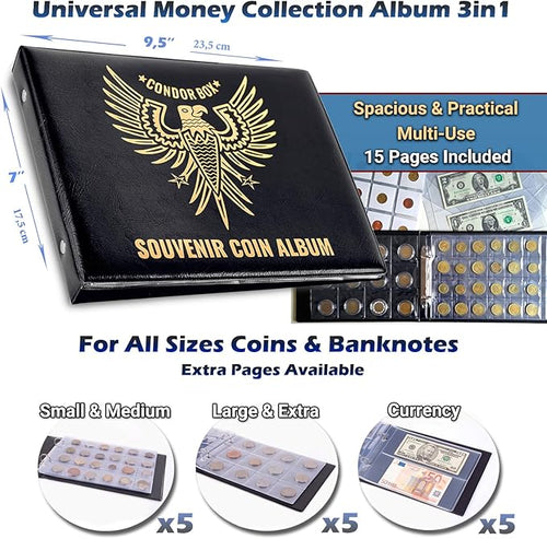 3in1 Coin Holder Album 180 Pockets - Paper Money Collection 10 Pockets - Large Storage Book for Collectors and Great for Gold Silver Dollars Dollar Bill Currency Quarters Penny Foreign Coins (Black)
