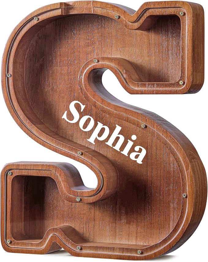 Summidate Customized Name Extra Large Wooden Piggy Bank for Kids Boys Girls Letter A-Z Coins Bills Money Change Bank Box Initial on Clear Cover (Laser Engraved) Educational Toys 12"- Letter S