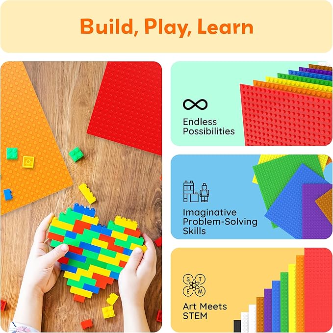 PicassoTiles Brick Baseplate Classic Building Block Foundation Kit 20 Pack 10"x10" Platform Multi Color Bricks Stud Blocks Compatible with All Major Brands STEM Construction Set Kids Ages 3+ PBS02