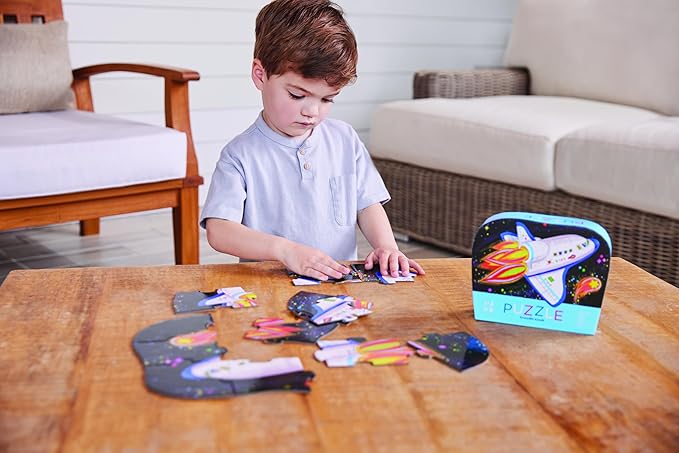 Crocodile Creek 12-Piece Mini Jigsaw Puzzle - Fun Floor Puzzles for Kids Ages 2-4 and Up - Heavy-Duty Shaped Box for Storage - Blast Off - 12" x 9" Finished