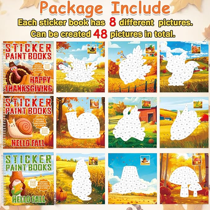 6PCS Thanksgiving Paint by Sticker Books Crafts for Kids Ages 4-8 Fall Activity Books with Turkey Pumpkin 48 Pictures