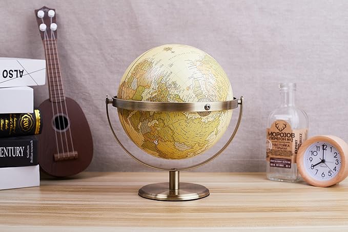 ANNOVA 8" / 20cm World Globe Antique Globe Metal Arc and Base Bronzed Color - All Direction 360° Rotating - Educational/Geographic/Modern Desktop Decoration - for School, Home, and Office (720°)