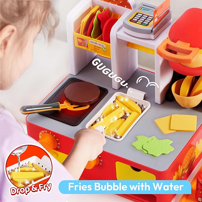 Restaurant Play Set Toy - 40+ PCS Fast Food Playset with Potato Cutter, Simulated Frying Effect & Lights, Order, Card & Drink Station - Interactive Role Play Toy Birthday Gift for Boys Girls