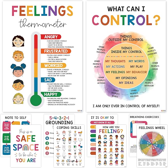 10 Mental Health Posters For Kids (10"x14") Therapy Office Decor, Feeling Wheel Poster, What Can I Control, Emotions Chart Kids Inspirational Wall Art, Classroom School Counselor Psychologist Decor