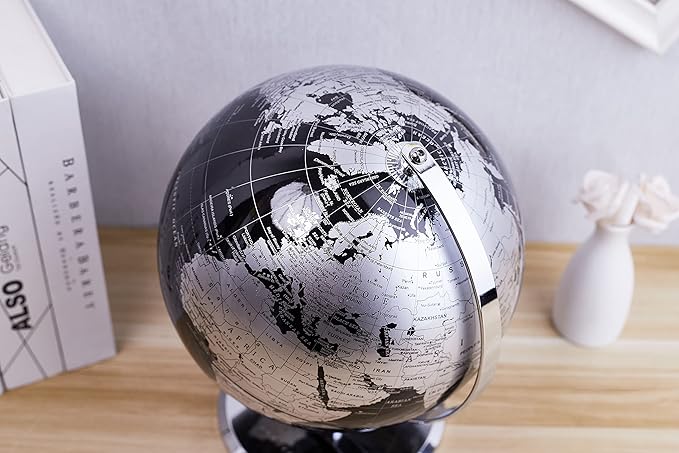 ANNOVA Metallic World Globe Black – Educational/Geographic/Modern Desktop Decoration - Stainless Steel Arc and Base/Earth World - Metallic Black - for School, Home, and Office (10-Inch)