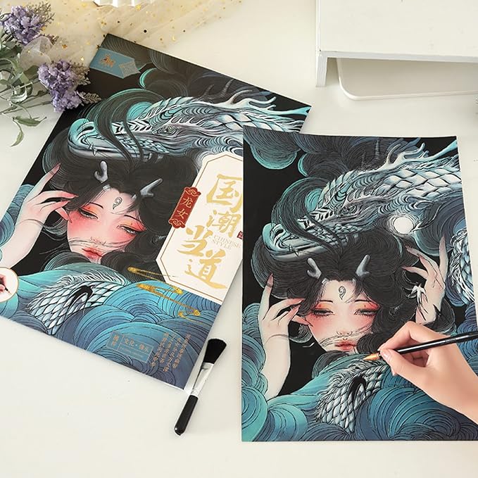 Scratch Rainbow Painting Art Paper,Scratch & Sketch Art for Kids & Adults,Scratch Painting Creative Gift Art & Craft Set,Sketch Pad DIY Scratchboard with 4 Tools,16''x11''(Asian Girl)