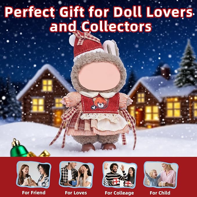 17cm Doll Clothes Set (No Doll), 4 Pieces Outfit Set for 6.7inch Dolls Suit, Fashion Christmas Clothes Accessories Dress-Up,Includes—Christmas Hat + Dress + Bear Vest+ Shoes(Style F)