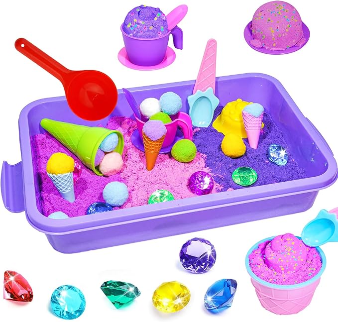 Bbiamsleep Ice Cream Sensory Bin, 61 Pcs Ice Cream Sensory Bin Fillers with Color Sand 11 Mould 9 Tools for Birthday Party