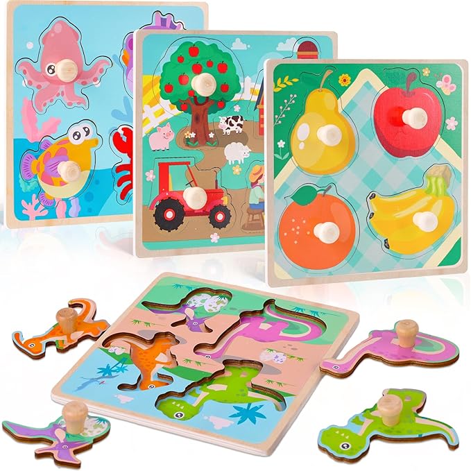 LovesTown Wooden Peg Puzzles Learning Toys Montessori Educational Knob Puzzle with Handles for Toddlers Preschool Kids 4 PCS
