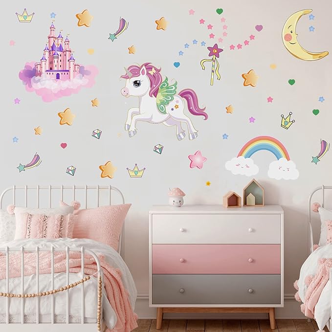 Glow in The Dark Stars and Unicorn Wall Decals, Glowing Castle Moon and Rainbow Stickers, 174 pcs Luminous Ceiling Decor for Kids Bedroom, Decoration for Girls and Boys Room (Blue)