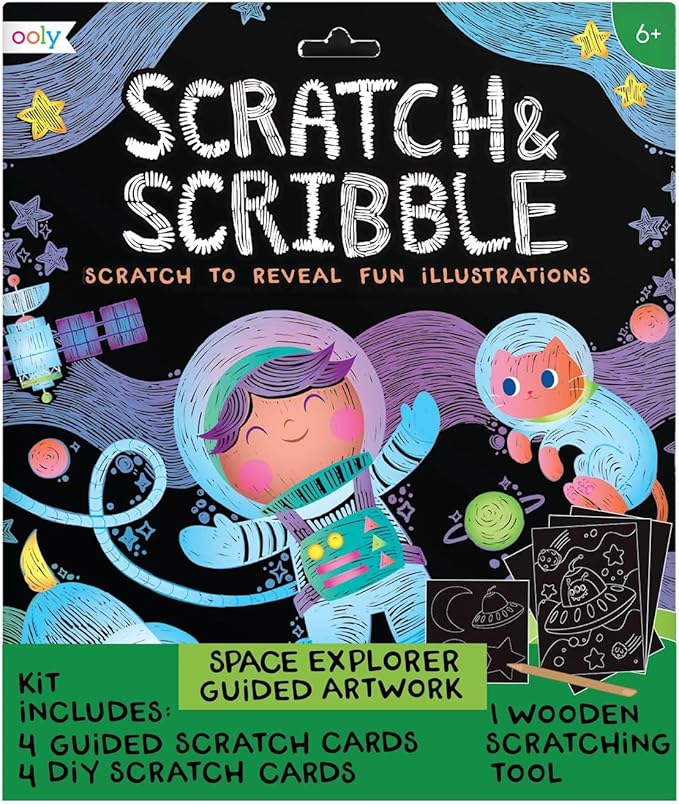 Ooly Scratch & Scribble 10pc Art Kit with 8 Total Scratch Cards (4 Illustrated, 2 Blank, 2 Rainbow) with Scratching Tool and Sparkled Stickers, Art Set Gifts for Kids - Space Explorers