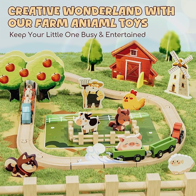 Lehoo Castle Wooden Train Set for Toddlers 2-4, Wooden Train Track, Farm Animals Toys for Ages 3-5, 3 Year Old Boy Gift, Toys for 4 Year Old Boys