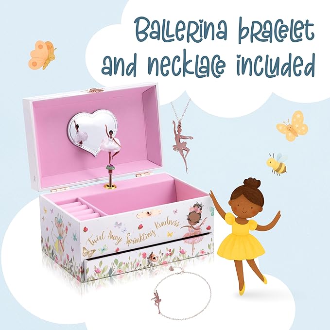 The Memory Building Company Ballerina Musical Jewelry Box, Classic Melody, Storage Organizer Kids Ages 6-12, Wood Construction w/ 2 Compartments
