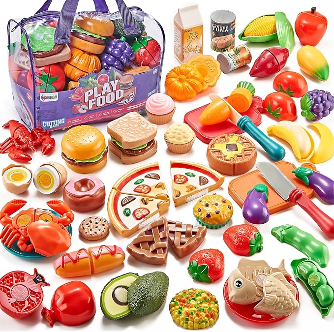 Pretend Play Food for Kids Kitchen - 78Pc Cutting Toy with Storage Bag, Toys Veggies, Fruits, Fake Pizza Toy, Food, Accessories, Boys Girls Gift, 9.5 x 7 x 6 in (ZY-78)
