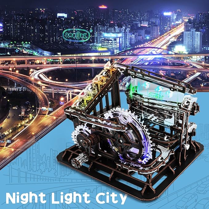 3D Wooden Puzzle Marble Run with LED Lights, Wooden Model Building Kits for Adults, Wood Mechanical Puzzle Building Set, Office Desk Decor Gift for Men Adults (312 PCS)