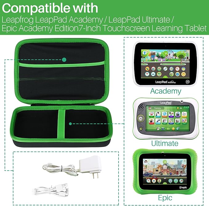 Storage Case Compatible with Leapfrog LeapPad Academy/LeapPad Ultimate/Epic Academy Edition 7-Inch Touchscreen Learning Tablet (Black + Green Case)