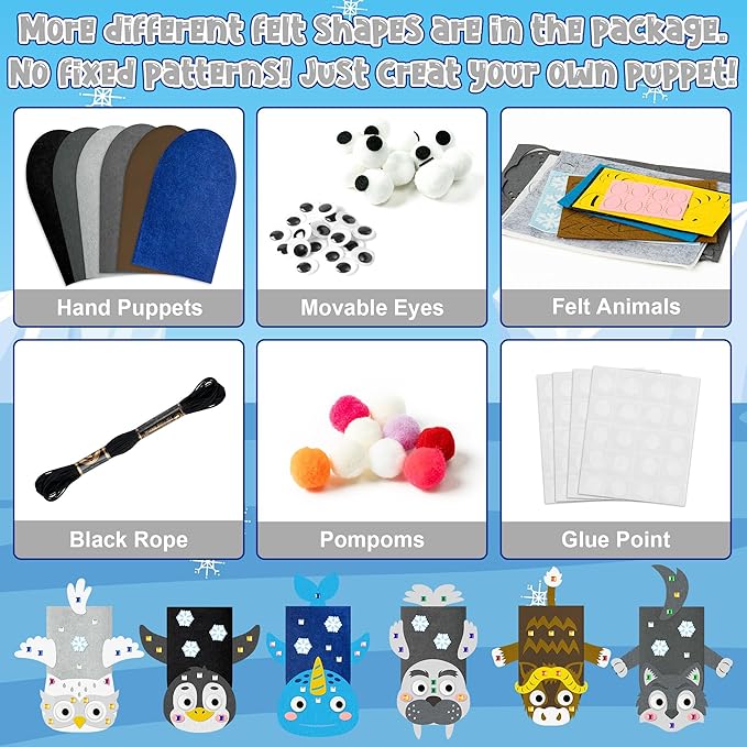 WATINC 6Pcs Hand Puppet Making Kit, Art Craft Felt Sock Puppet Toys, Creative DIY Make Your Own Pompoms Wiggle Googly Eyes Storytelling Role Play Party Supplies Gift for Girls Boys (Polar Animals B)