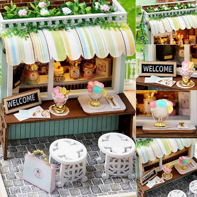 TuKIIE DIY Miniature Dollhouse Kit with Furniture, 1:24 Scale Creative Room Mini Wooden Doll House Plus Dust Proof for Kids Teens Adults(Dessert Time)