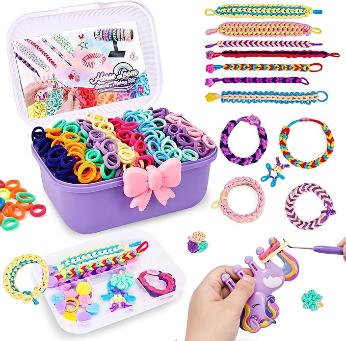 Bracelet Making Kit for Girls Ages 8-12, Weaving Rainbow Bands kit,DIY Toys for Friendship Birthday Gifts for Kids 6 7 9 10 11 13 Year Old, 1200+ Elastic Cloth Rubber Band Fabric Loops