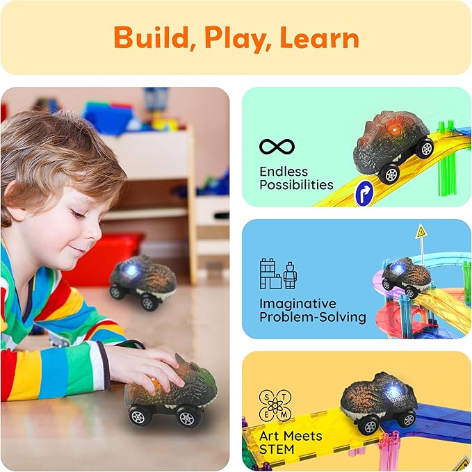 PicassoTiles 2 Piece Swift Highly Detailed Race Track Truck Dinosaur Cars Accessories in Bulk Package Compatible with STEM Magnetic Tile Race Track Building Kits for Kids Boys & Girls Ages 3+ PTE10