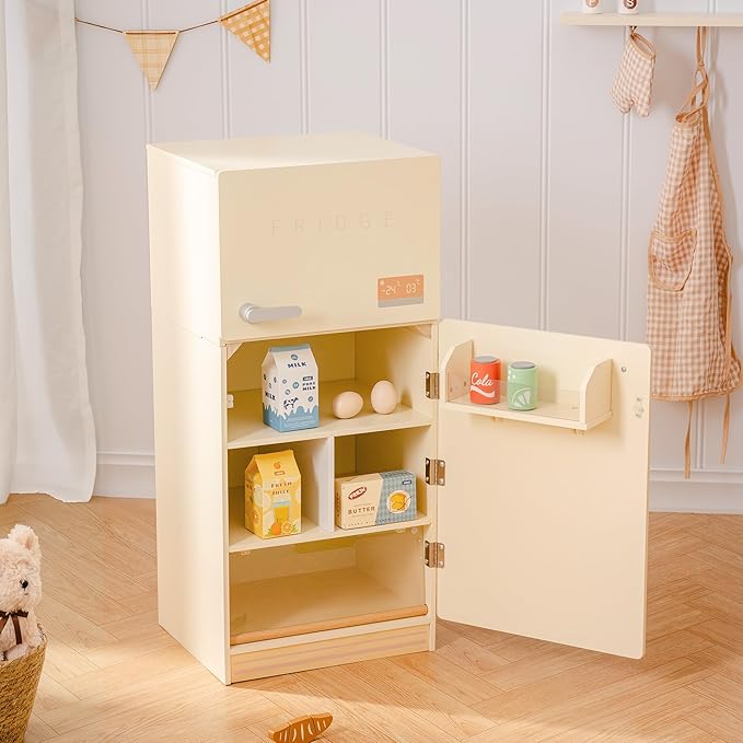 ROBOTIME Play Kitchen Toy Fridge - Wooden Toy Refrigerator with Accessories, Pretend Play Kitchen Set for Kids & Toddlers, Freezer with Play Food for Ages 3+ (Creamy Rustic Style)