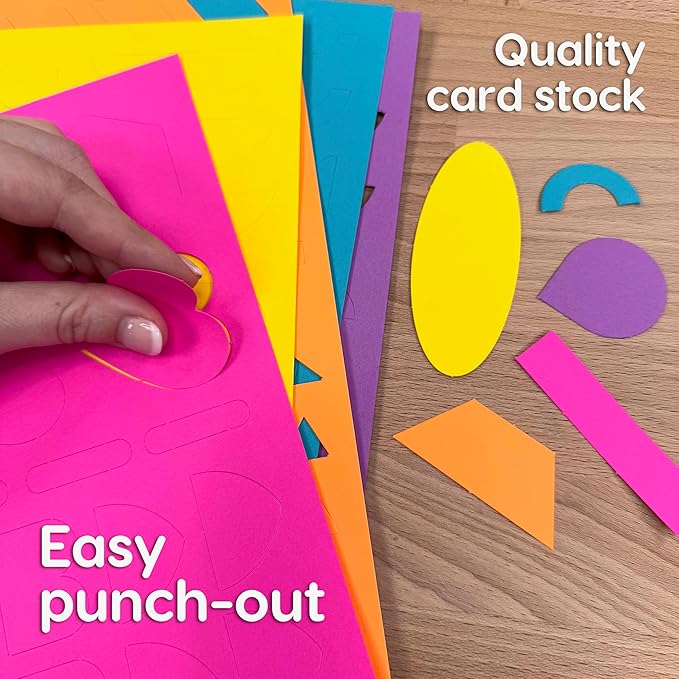ARTshapes 840 pc Creative Paper Shapes Pack with 70+ Idea Guide - US Made Card Stock - Punch Out Funky DIY Craft Supplies for Whimsical Art Designs, Paper Crafts, and Pattern Play 5 Festive Colors