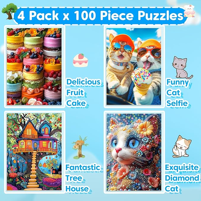 4-Pack 100 Piece Puzzles for Kids Ages 4-6 6-8 Year Old - Cakes Tree House & Cats Jigsaw Puzzles, Fun Educational Toys for Boys Girls, for Family Activities