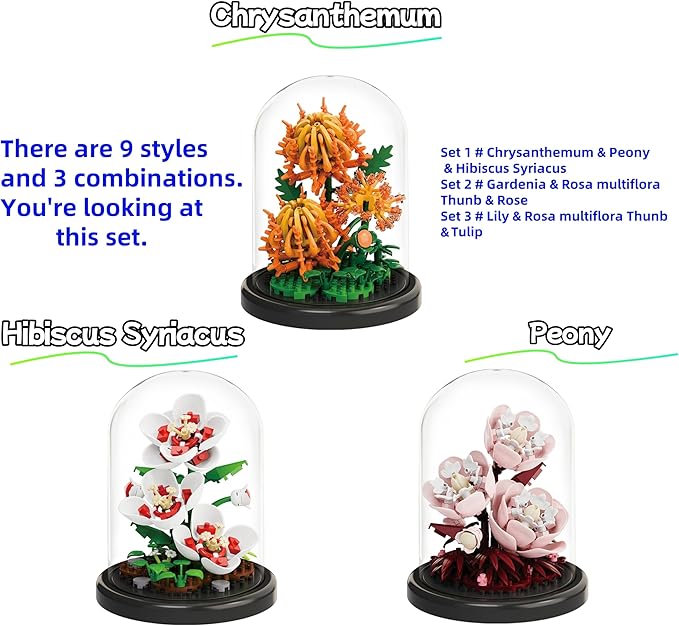 Creative Botanical Micro Blocks Set with Display Cover- 550PCS Artificial Chrysanthemum, Peony and Hibiscus, Perfect DIY Gift for Adults, Teens and Flower Lovers
