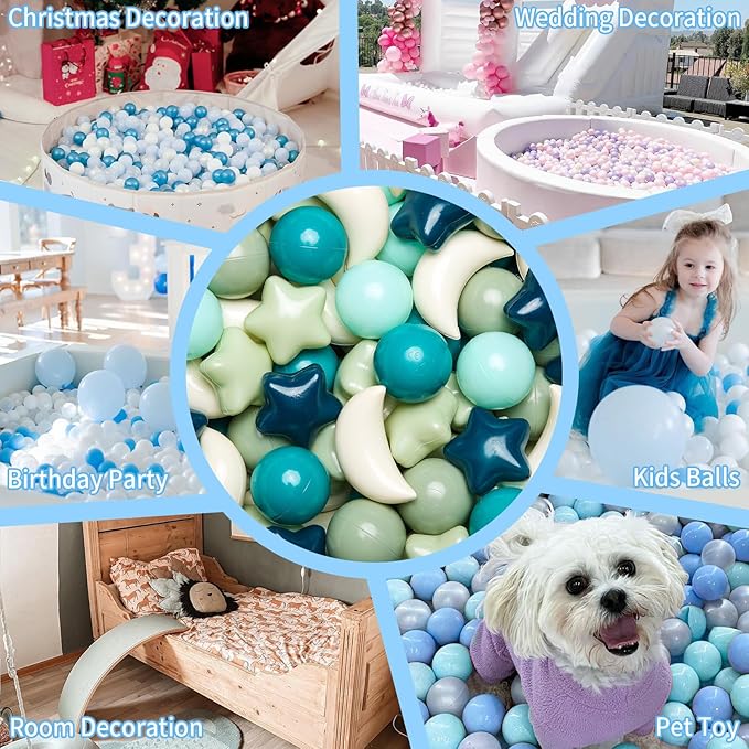 GOGOSO Ball Pit Balls Stars Moon Shapes Plastic Pitballs for Toddler Play Tent Baby Photo Props Kids Pool Water Toys Kiddie Pool Party Decor,Green, 100pcs