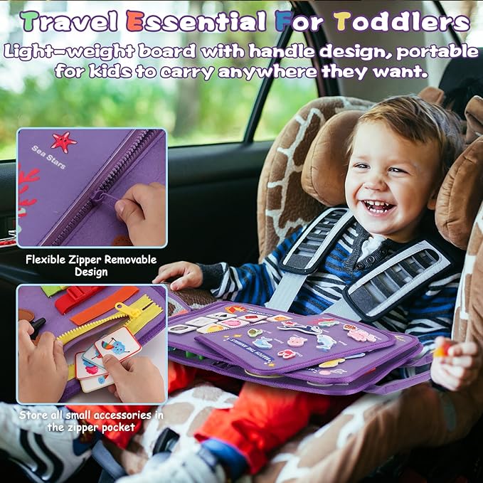Montessori Busy Board for Toddlers 1-3, Soft Sensory Activity Book with Life Skills, Cognition, Sorting, Matching, Travel Toys for Airplane Car, Gift for Girls Boys 2-4 Years Old (Mermaid)
