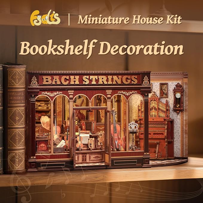 Fsolis Book Nook Kit - DIY Scene Miniature Dollhouse Kit for Adults, Shelf 3D Puzzles 285 pcs, Tiny House Mini Music Shop Model Booknook Craft Bookshelf Decor Gifts for Women (Bach Strings)