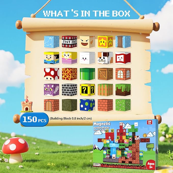 Magnetic Blocks - 150 PCS Magnets Game-Based Building Block for Ages 3,4,5,6,7,8,9,10,11 Kids Birthday Toy Sets Present, Stacking Cubes Construction Gift for Toddlers Boys & Girls, 0.8in