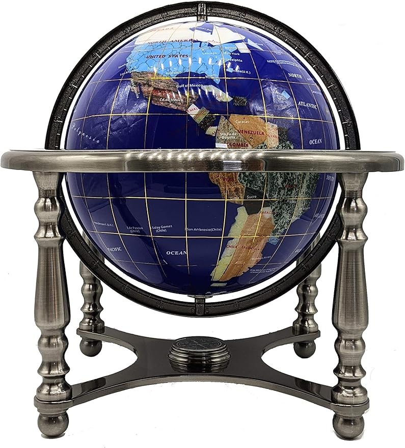 Limited Edition! Unique Art Since 1996 Blue Ocean Table Top Gemstone World Globe with 4-Legs Silver Zinc Alloy Stand (220MM/9 INCHES 4 LEG/BLUE OCEAN)