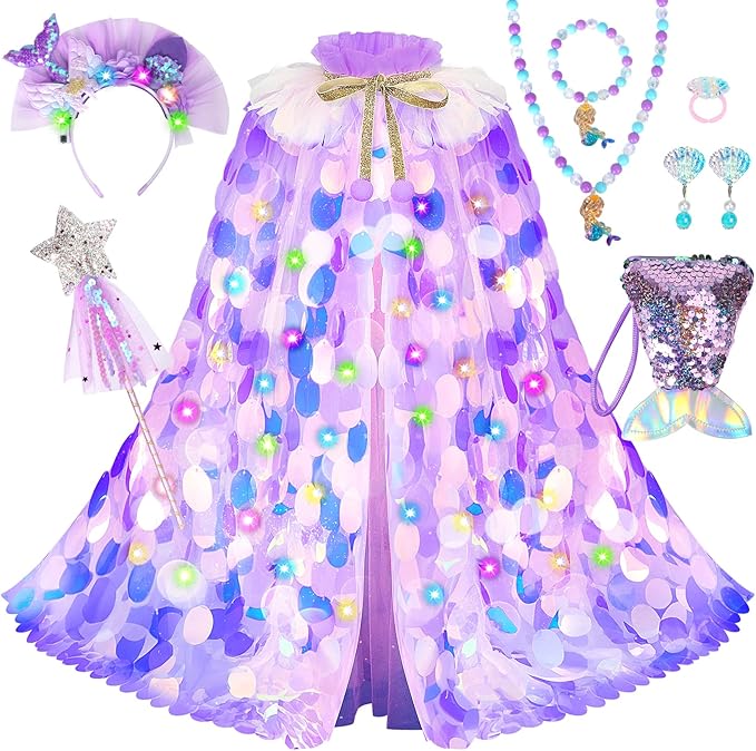 Princess Dress Up Toys Princess Dress Up Clothes Rainbow Mermaid Cape Kit 9 Pcs Gift Set for Little Girls 3-8 Years
