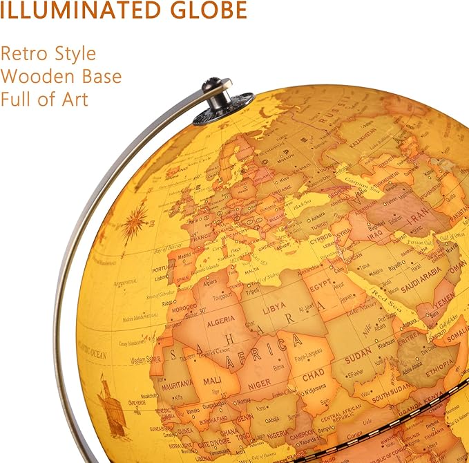 Illuminated World Globe for Adults & Kids with Wooden Stand,Built in LED Lamp for Illuminated Night View Antique Globe for Home Décor and Office Desktop 8inch