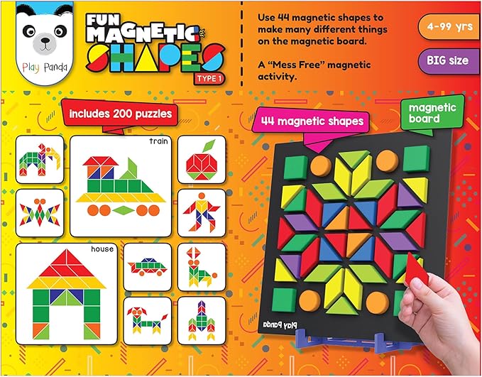 Magnetic Tangram Puzzle Educational Toy| 200 Patterns, 44 Big Magnet Tangram Pieces with Board, Pattern Book & Display Stand | STEM Learning Toys for Toddlers Ages 4 5 6+ Years|Gifts for Girls & Boys