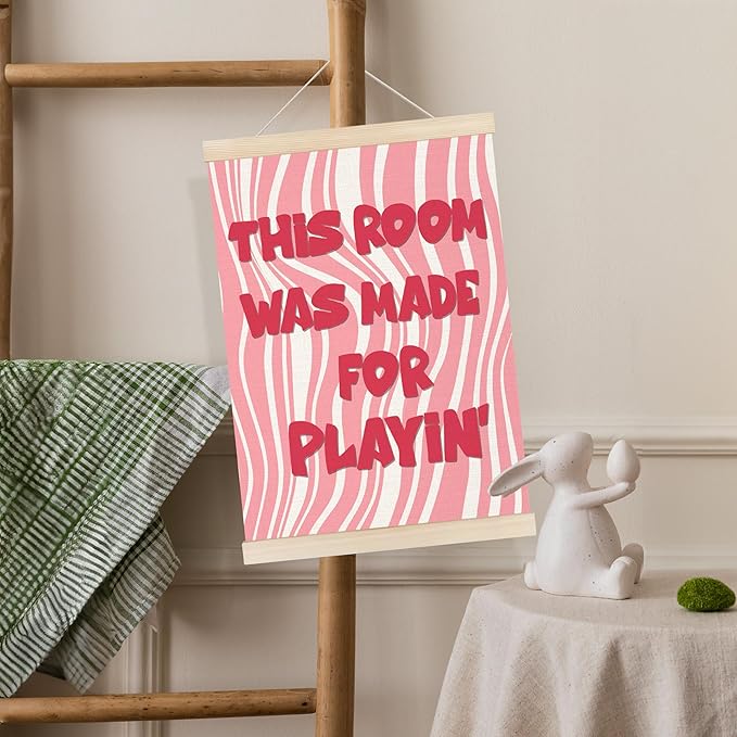 Koesus Girly Playroom Wall Art Poster Hanger Frame 12x16 Inch, Pink Preppy This Room Was Made for Playin Canvas Pictures Prints Framed Wall Decor for Toddler Girls Room Nursery Bedroom Playroom