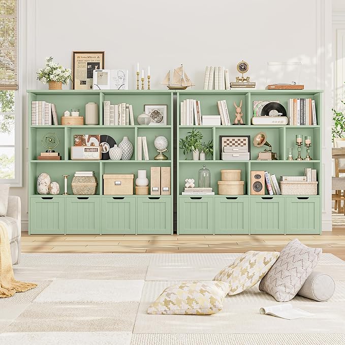 FINETONES Toy Storage Organizer, Kids Bookshelf with 4 Movable Chests and 7 Storage Cubes, Toy Chest Storage with Hidden Wheels, Toy Organizers and Toy Storage, Green