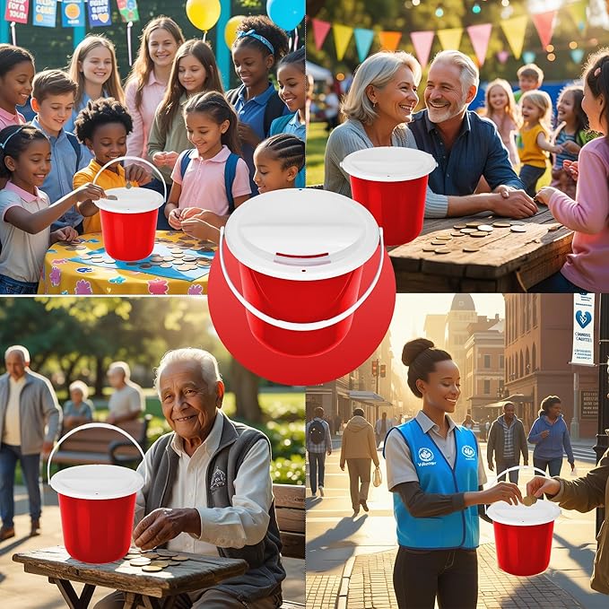Plastic Street Charity Donation Can Coin Collection Bucket with 2 Security Stickers(Red, 4 Pack)